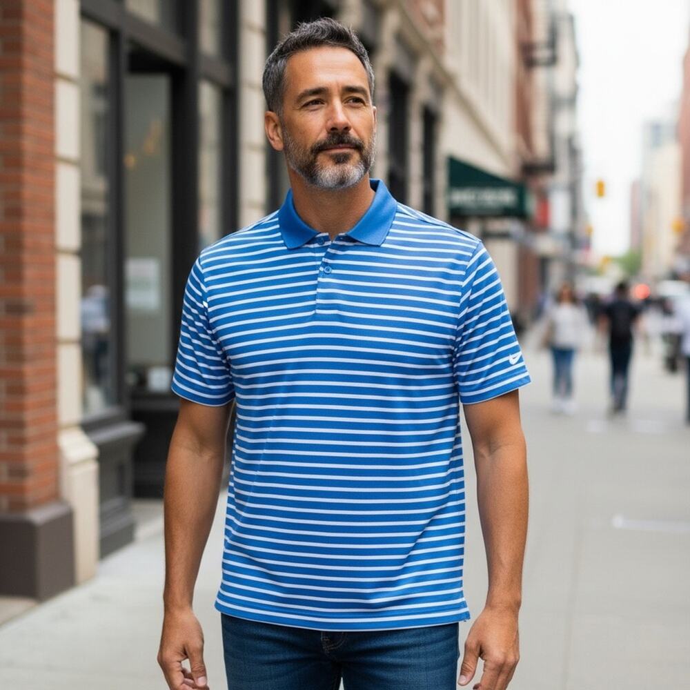 NIKE Men’s Medium Sky Blue and White Striped Polo Shirt